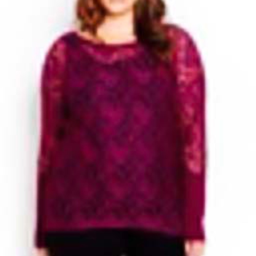 TOP, LACE LONG SLEEVES, BRIGHT CHERRY, SZ 4X, KEYHOLE BUTTON BACK, PENNINGTONS,